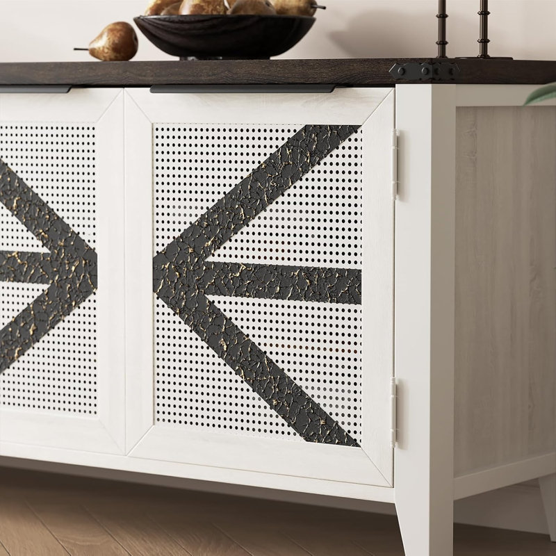 Meuble télé 70 po avec 4 portes et console multimédia industrielle pour téléviseur de 75 po ou moins, Brun / blanc