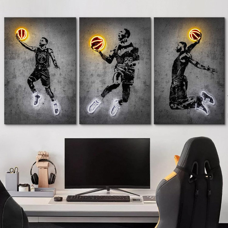 «White and Yellow Neon Effect» - Joueur de basket-ball Slam Dunk, H 24 po x l 48 po, Cavas enveloppés