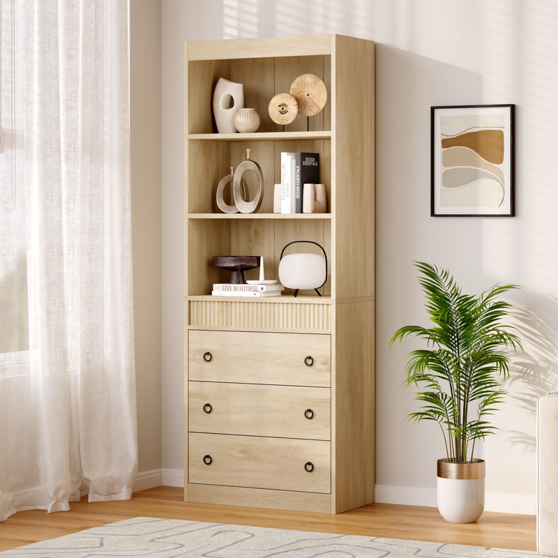 71" High Bookshelf with 3 Drawers and Open Shelves, Modern Fluted Waved Bookcase for Living Room or Home Office, Yellow