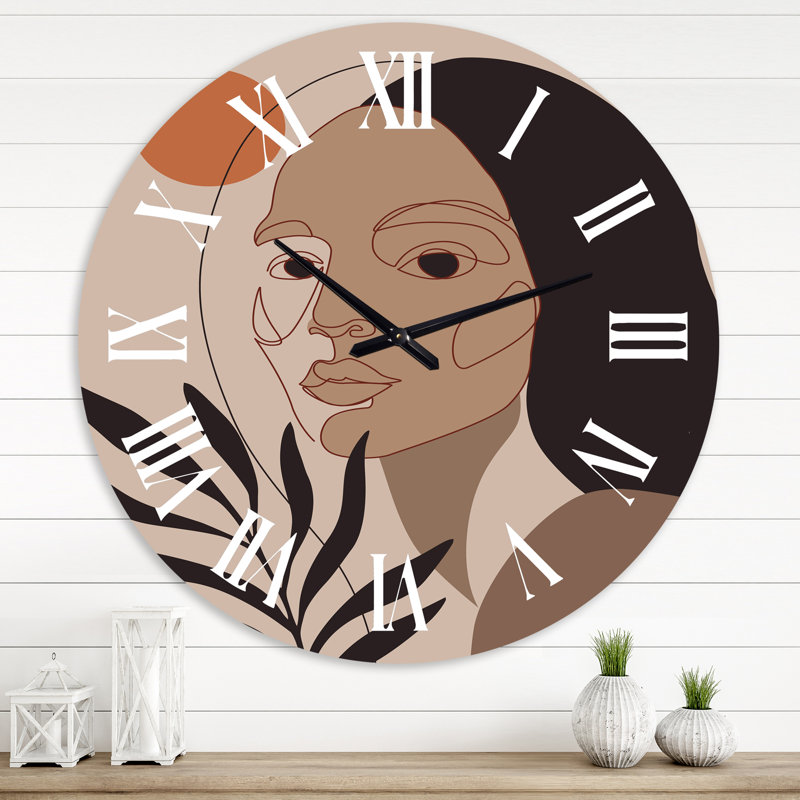 Rétro portrait minimal de jeune femme - horloge murale moderne, Surdimensionné