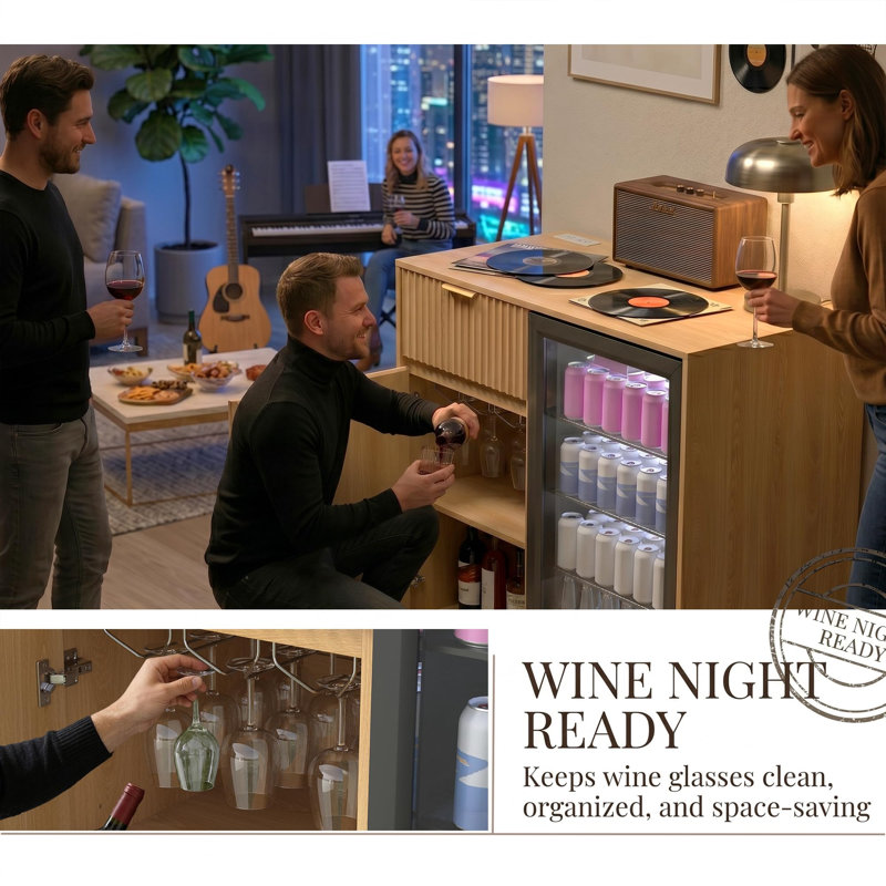 39.4" Fluted Coffee Bar Cabinet with Power Outlet, Mini Fridge Space & Wine Glass Rack, Oak