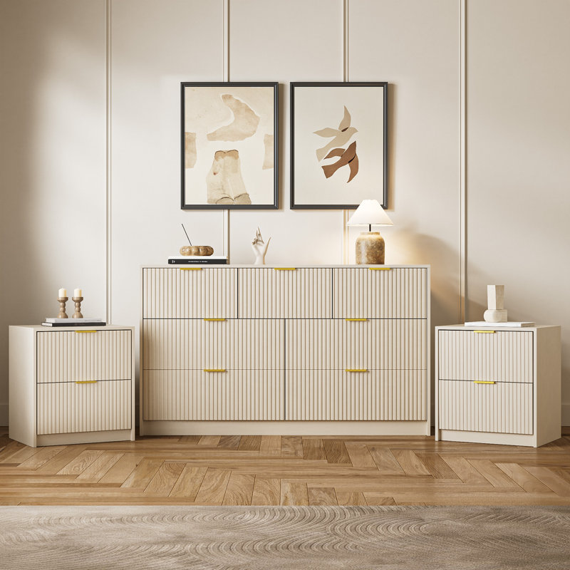 Ensemble de chambre à coucher 3 pièces, commode 7 tiroirs et ensemble de table de chevet 2 pièces, Beige