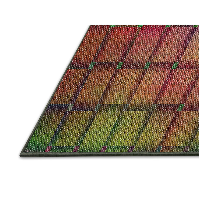 Tapis vert/rose à motifs, Rectangle 2 pi x 5 pi