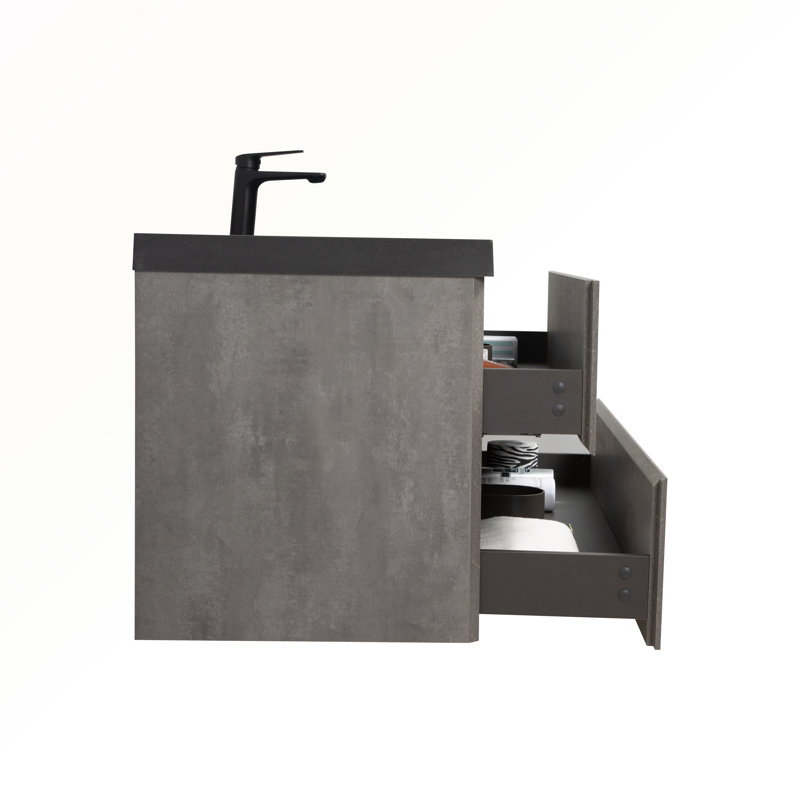 Meuble-lavabo flottant 48 po avec lavabo mural Celissa, meuble-lavabo mural moderne avec comptoir en quartz noir et tiroirs à fermeture en douceur, gris