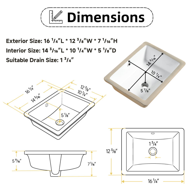 Lavabo de salle de bain rectangulaire encastré en céramique blanche 16 "x 12" avec trop-plein avec trop-plein Los Flexi