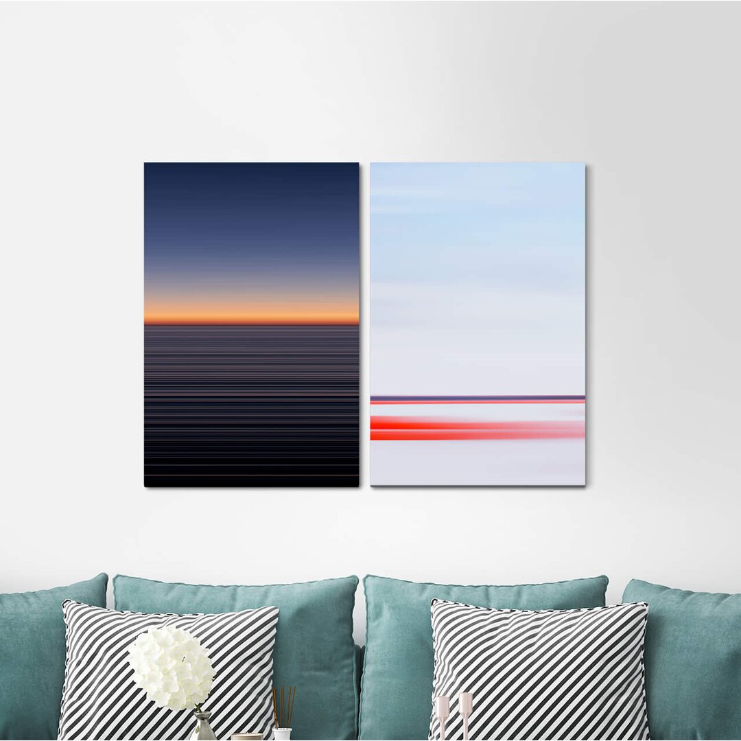 2-tlg. Leinwandbilder-Set - Grafikdruck „Horizon Pink Pastel Tones Dusk Minimal Dusk Bauhaus”