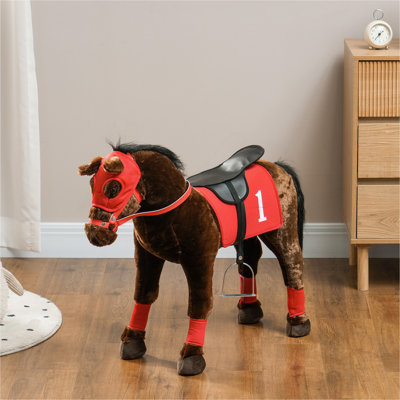 Cheval de course pour enfants de 3 à 8 ans QAB, cheval de course pour tout-petits avec son hennissement, jouet poney avec selle et étriers, brun