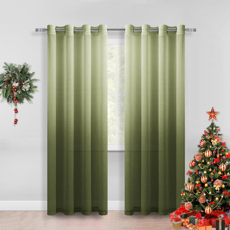 2 Panels Ombre Sheer Curtains - Faux Linen Gradient Semi Voile Grommet Top Drapes for Bedroom and Living Room Decor