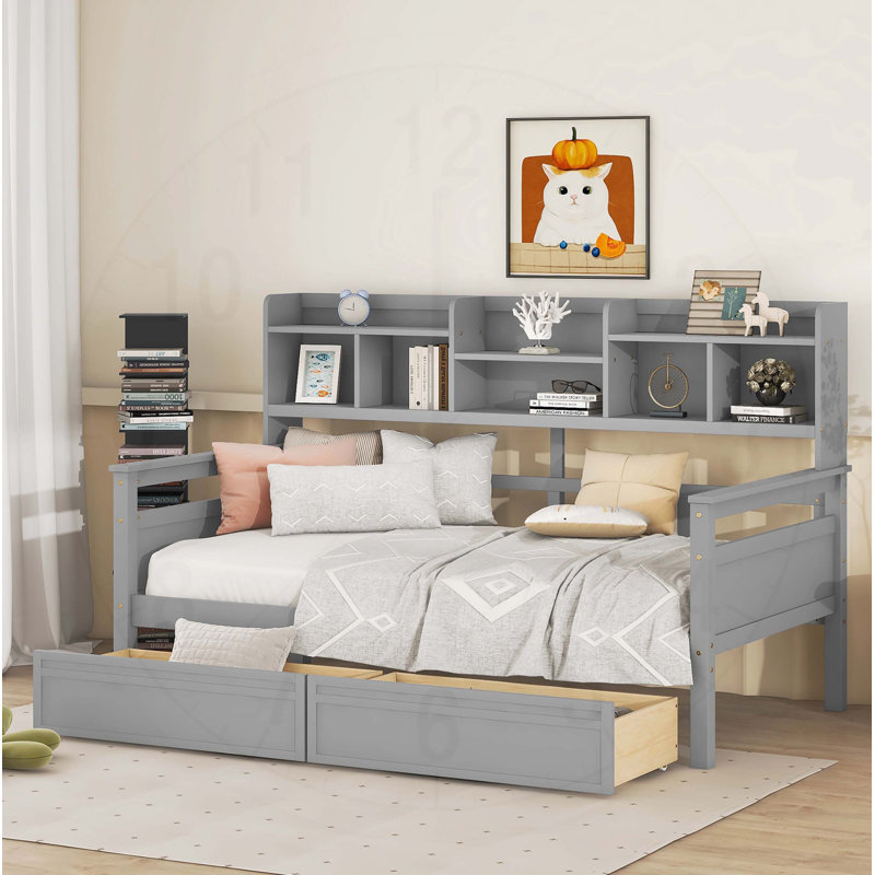 Daybed with Wood Slat Support, Bedside Shelves, and Two Drawers, , Versatile and Stylish, Gray, Twin
