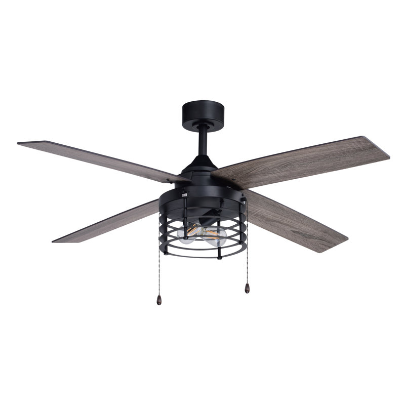 Roehit 52 in. Black Indoor Rod Mount Industrial Ceiling Fan with Reversible Driftwood-Black Walnut Blades, LED Light Kit and Pull Chain Included, 3 Speeds, Wire Cage Drum Shade