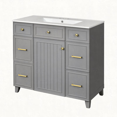 Meuble-lavabo 36 po avec lavabo en céramique, structure en bois massif, portes à fermeture douce, tablettes réglables, 3 tiroirs, y compris un tiroir à double profondeur pour le rangement du sèche-cheveux