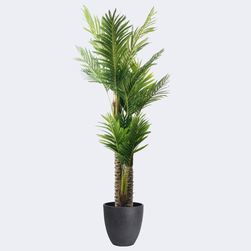 Type P Palmier artificiel et pots ronds en résine avec plateau, Noir, H 27,56 po x l 71,65 po x P 27,56 po