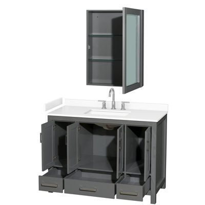 Meuble-lavabo simple de 48 po Sheffield en gris foncé, comptoir en marbre de culture blanc, lavabo carré encastré (3 trous), garniture en chrome brossé, armoire à pharmacie