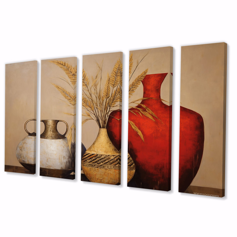 Nature morte vases avec gracieux blé séché I - impression d'art mural Boho Pottery - 5 panneaux égaux