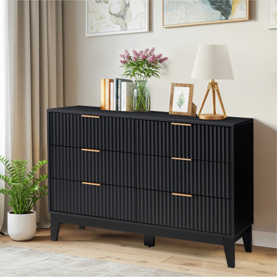 6 - Drawer 47.2" W Double Dresser, Fluted Design Wood Wide Chest