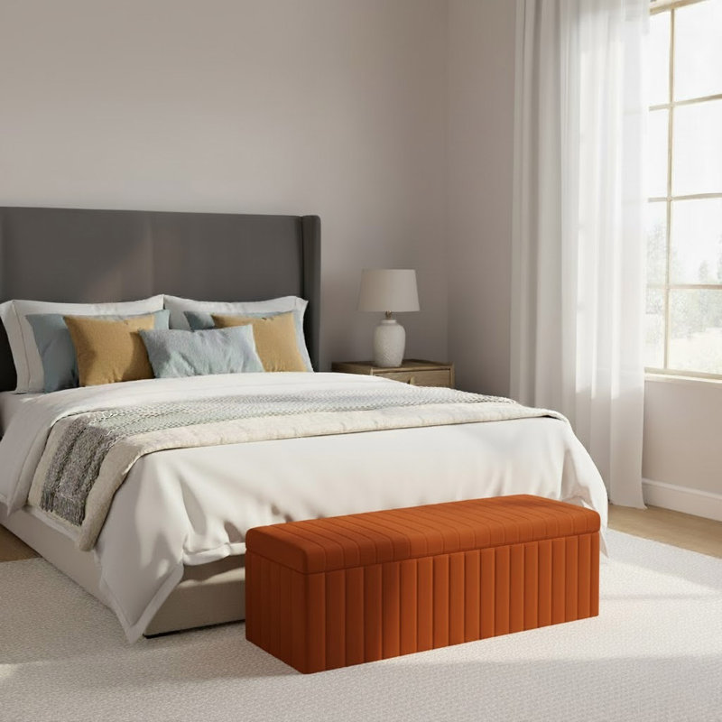 Lux Striped Wide Velvet Rectangle Solid Color Standard Ottoman Box with Storage, 40 cm H x 90 cm W x 42 cm D, Burnt Orange