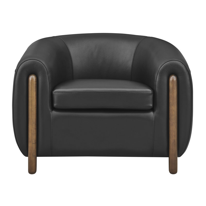 Leamon Fire-Resistant Upholstered Barrel Chair, 28" H x 38.5" W x 33" D, Black Top Grain Leather