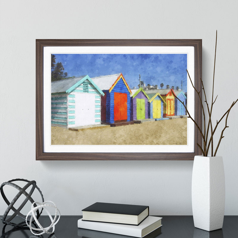 Colourful Beach Huts - Picture Frame Graphic Art, Walnut Framed, 27cm H x 36cm W x 2cm D