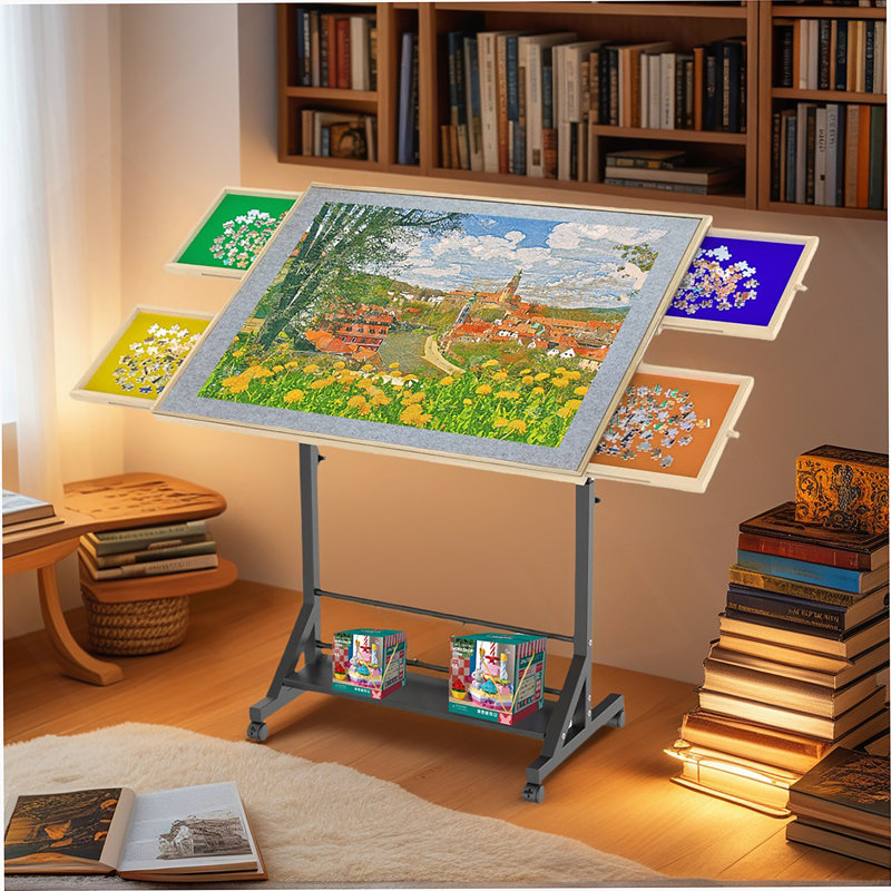 Wooden 1500 Piece Puzzle Table with Drawer, 35"*27.17" Adjustable Puzzle Table, 360° Tilting Puzzle Table with Legs and Wheels, Rolling Puzzle Table, Adjustable Height and Angle, with Protective Cover