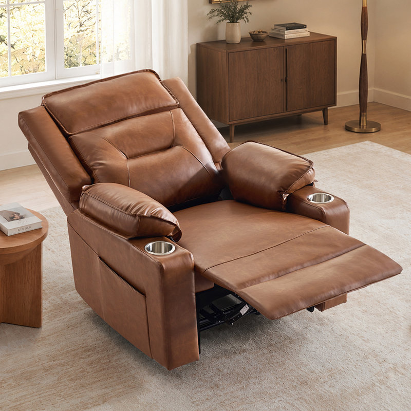Fauteuil inclinable manuel avec porte-gobelets en acier inoxydable, glissement en cuir végétalien Gravity, brun
