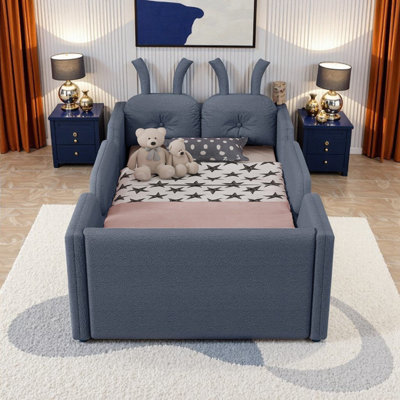 Twin Size Kids Low Profile Floor Bed with Bunny Cushions, Removable Safety Rails & Teddy Upholstery - Gray
