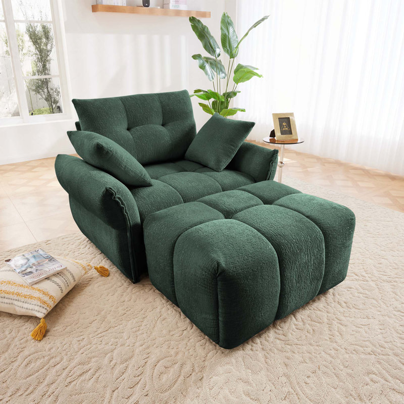 Chaise rembourrée en chenille avec repose-pieds en tissu, Vert