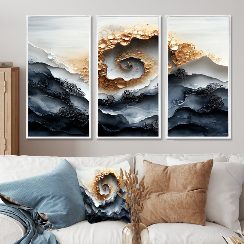 «Beige and Blue Water Forest of Elegance I», ensemble d'art mural spirales abstraites, Toile encadrée flottée blanche