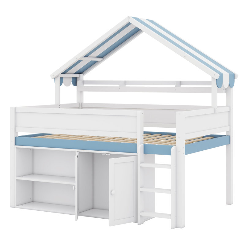 Lit mezzanine à baldaquin avec armoire de rangement et conception fonctionnelle, Blanc et bleu