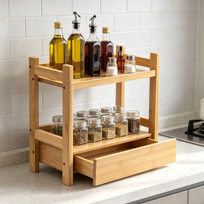 Bamboo Matcha Station Shelf with Drawer, 2-Tier Countertop Organizer for Tea Accessories, Vanity, Kitchen, and Bathroom Storage, Natural Wood Finish