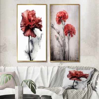 Red Carnation On Monochrome Liquid Ink - Carnations Canvas Art Print Set Of 2