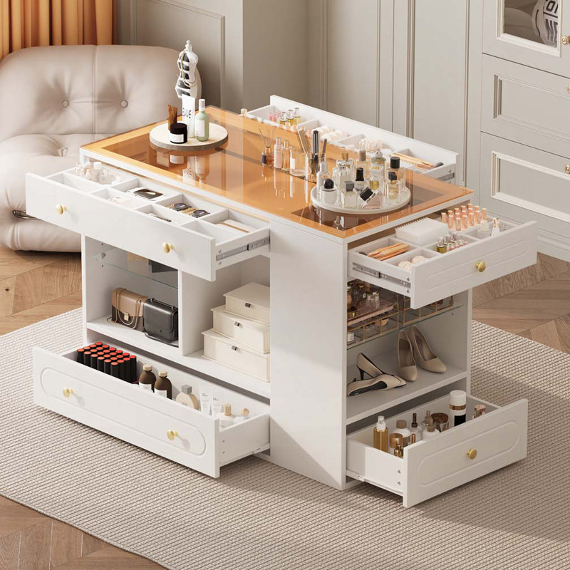 Closet Island with 6 Drawers, Wardrobe Armoire Bedroom Island with Glass Display Top and Open Shelves, White