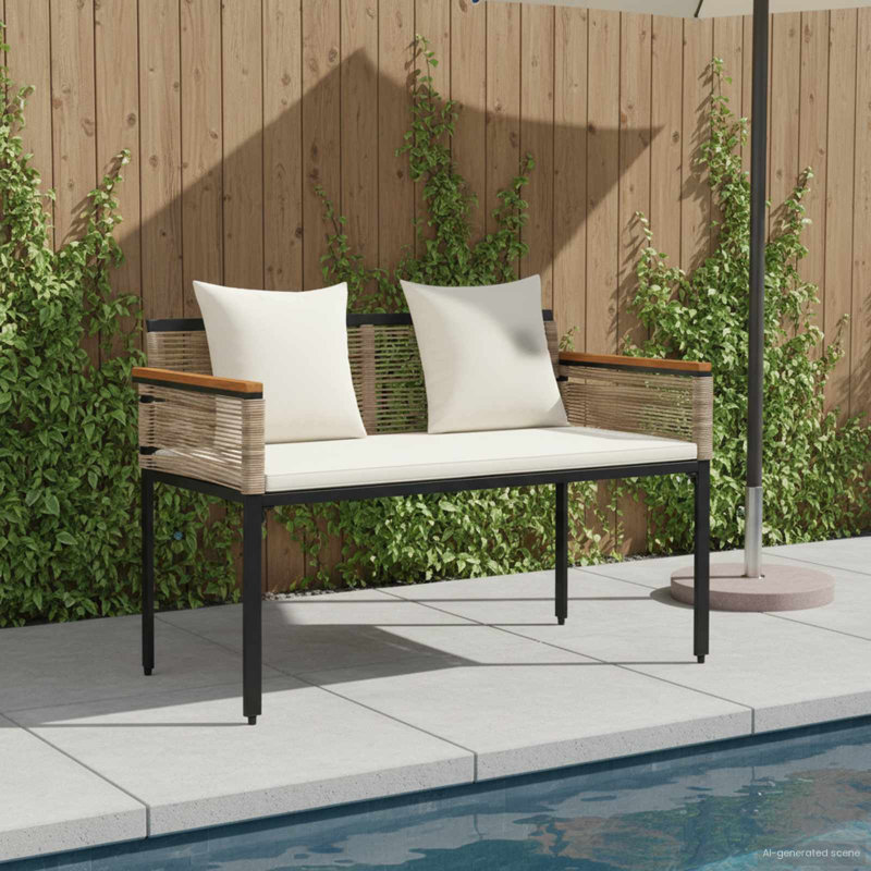 Poly Rattan Outdoor Bench, Grey, Cream White