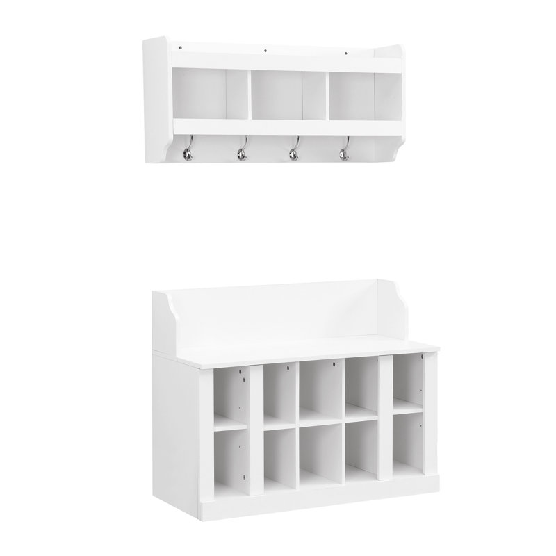 Shoe Storage Bench With Shelves And 4 Hooks, Elegant Hall Tree With Wall Mounted Coat Rack, Entryway Organizer For Hallway, Foyer, Mudroom