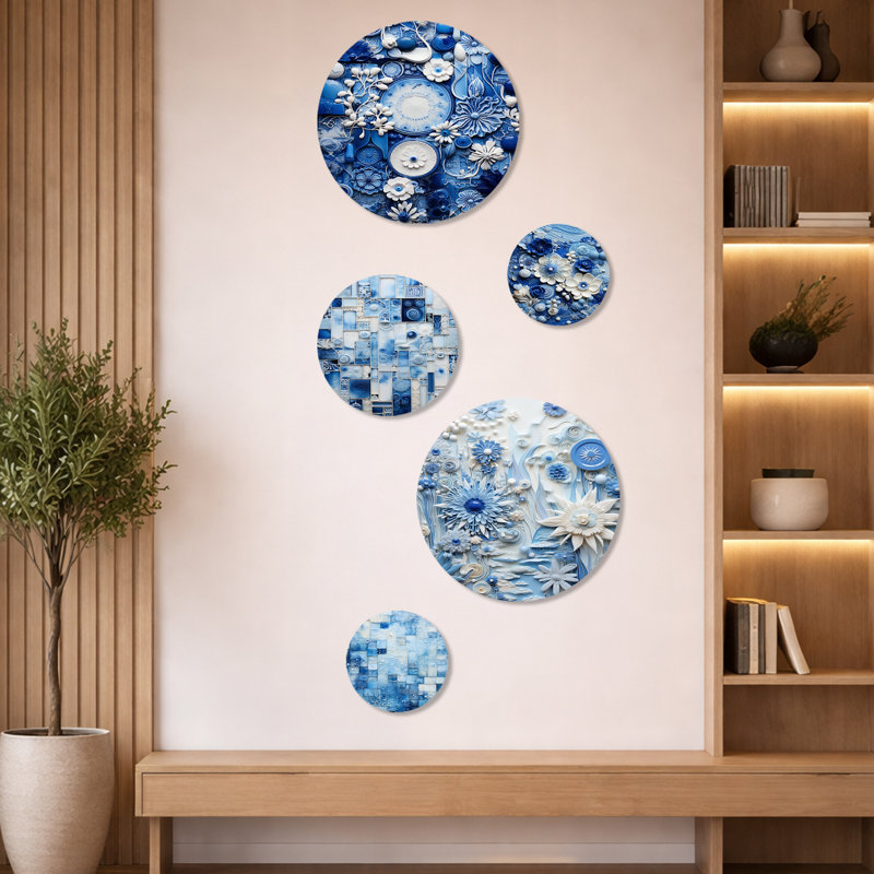 Carreaux botaniques bleus et blancs III - Botanicals abstraits, ensemble d'art mural en métal 5 pièces