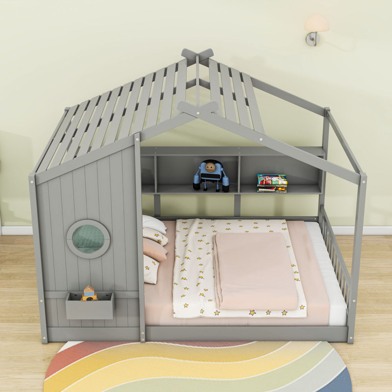 Lit sur pied avec tablette de rangement, gris, Double