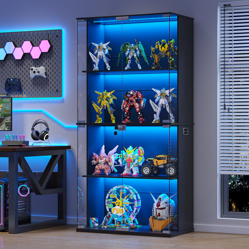 Display Cabinet With Glass Doors, Lighted Display Case With 3 Color Lights, 4-tier Bookcase With Human Body Sensor, Black