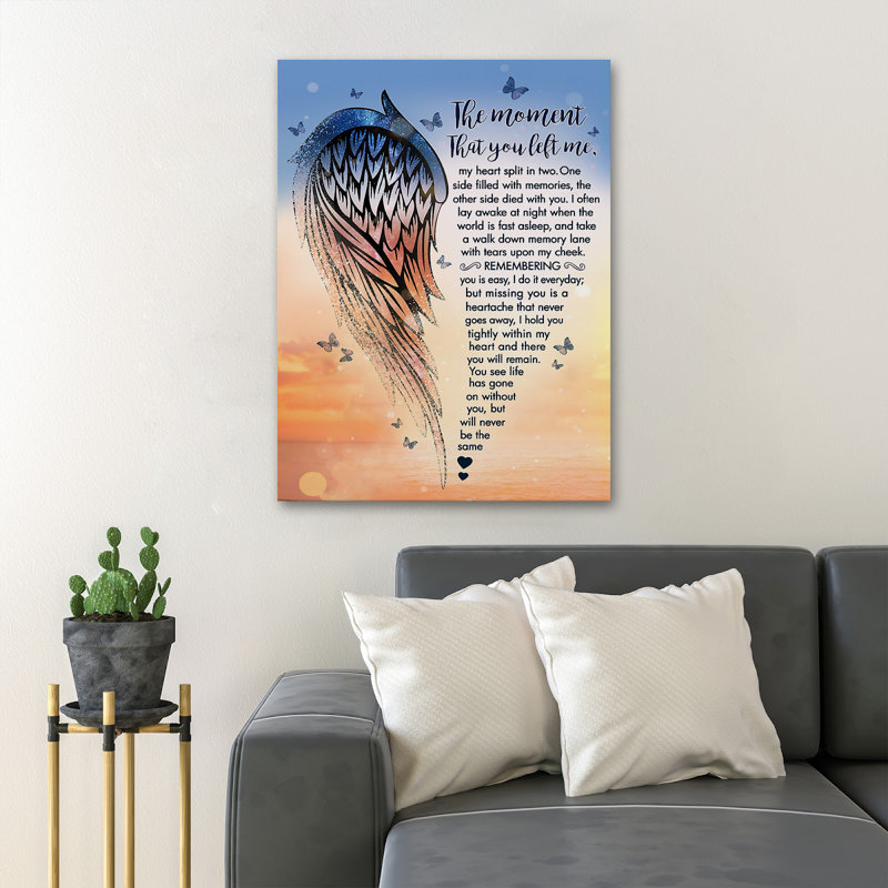 Une seule aile et des papillons - Le moment où tu m'as laissé mon cœur fendu en deux - 1 pièce, reproduction d'art graphique sur toile tendue