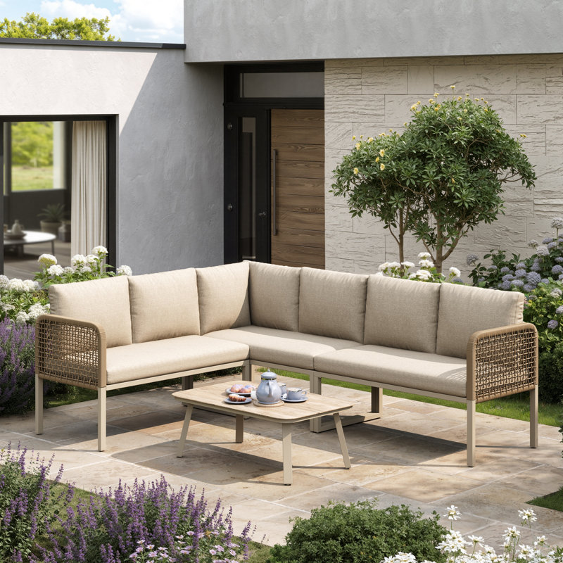 5-6 Seat Modular Outdoor Sofa Set With Wood-Look Glass Table & Rope