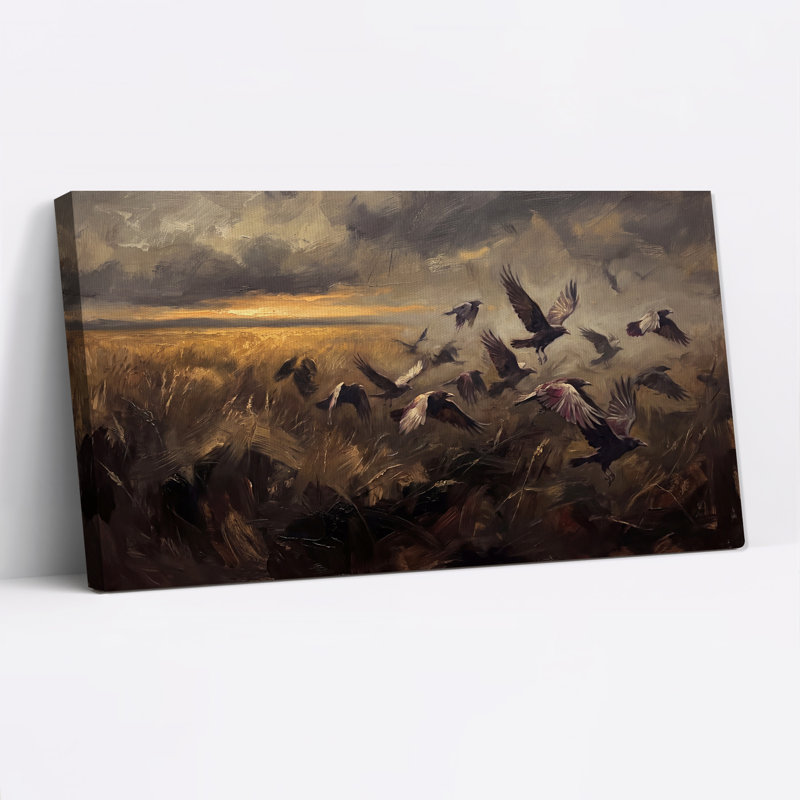«Flock of Crows Over Golden Wheat Field», art mural, L 58 po x H 28 po