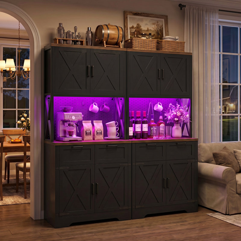  Armoire de cuisine de 71 po de hauteur avec comptoir pour micro-ondes (ensemble de 2), Noir / brun