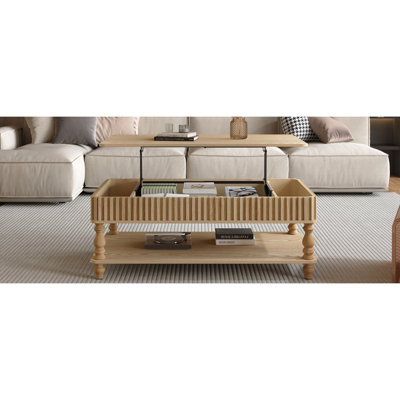 Table basse 47,24 "à plateau relevable cannelé avec rangement caché avec pieds à colonnes romaines