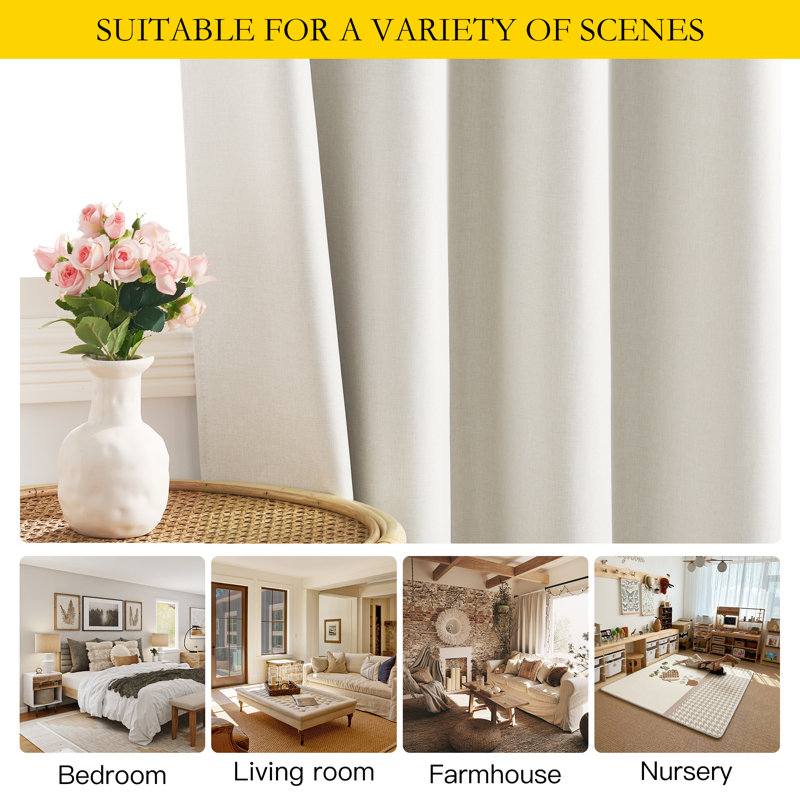 100% Blackout Faux Linen Curtains for Living Room Grommet Privacy Insulated Drapes, Set of 2, Cream, 52" W x 72" L