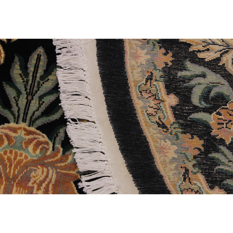 Tapis rond noir et beige en laine noué à la main à motif floral de 8 pi Euben
