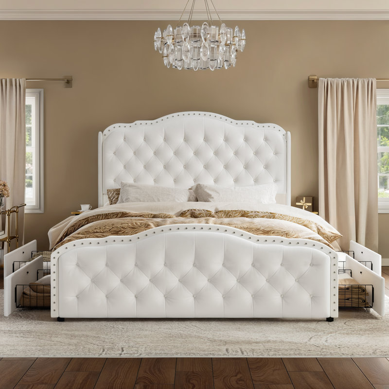  Maber Upholstered Queen Bed with 4 Drawers, Storage Platform Bed with 2 Bedside Tables , Velvet Wingback Bed, No Boxing Spring Needed, Beige