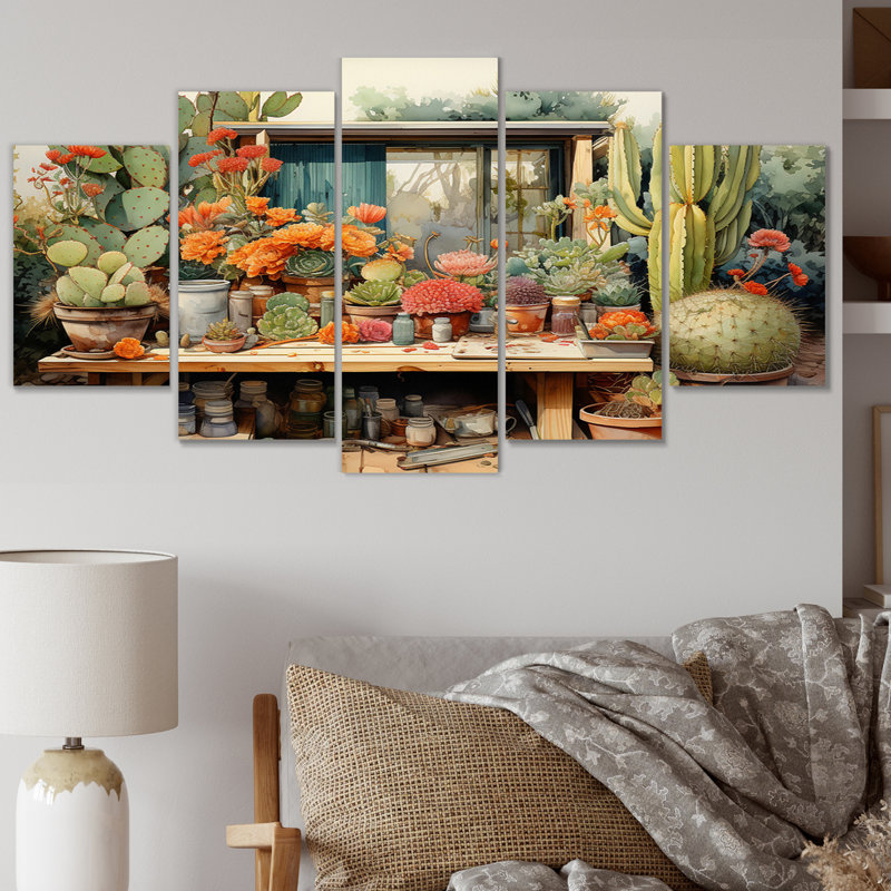 Mexique Cactus Oasis Impasto III - Art mural floral, salon - 5 panneaux