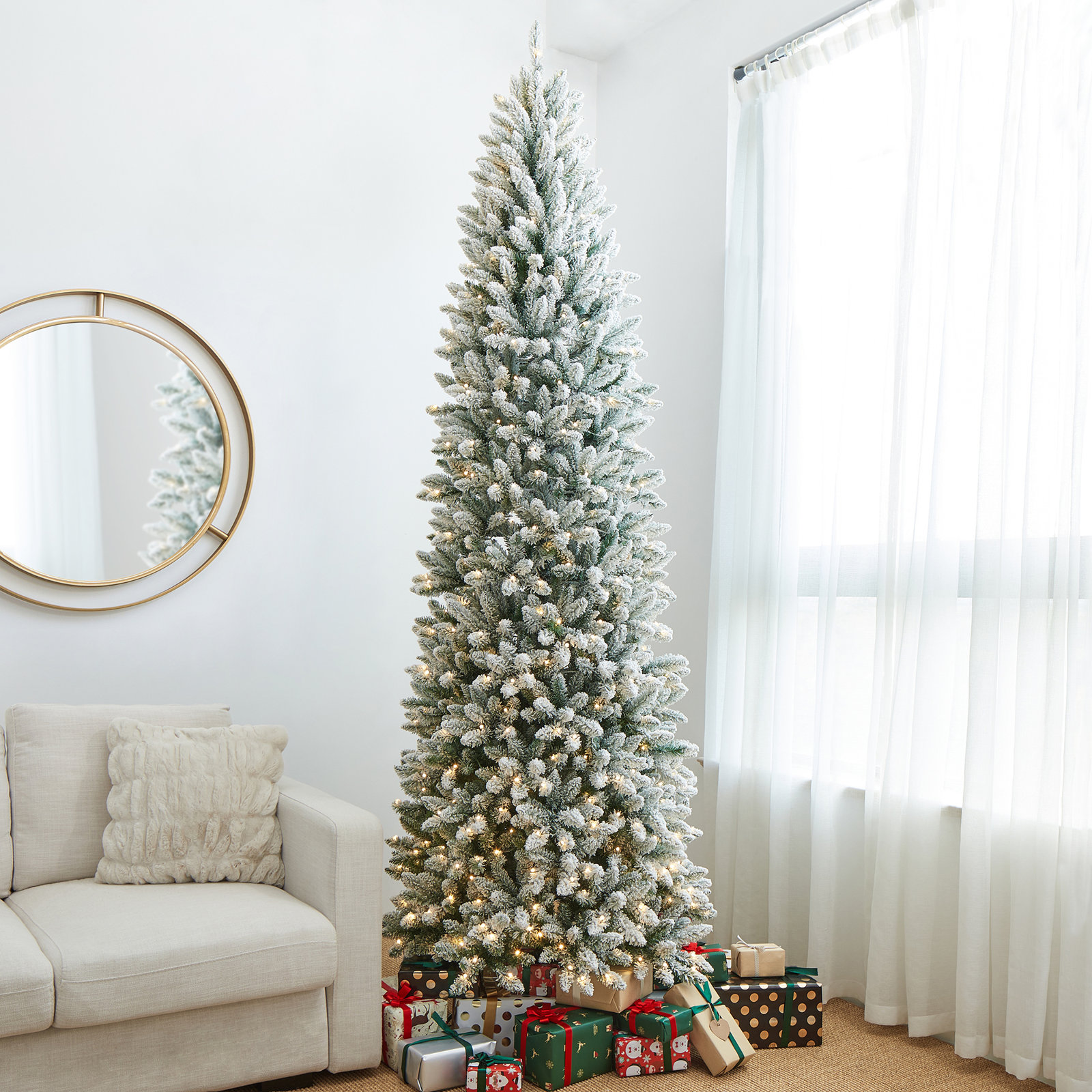 Johvan Slender Pre-Lit Flocked/Frosted Fir Christmas Tree with Lights, 9 ft