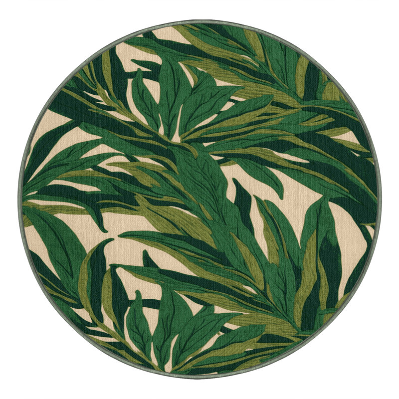  Washable Breadfruit Leaves Hawaiian Area Rug, Round 6'