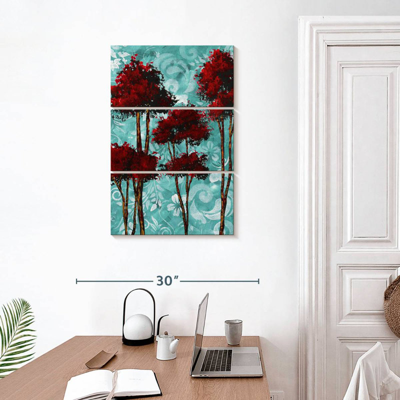 Harnek Turquoise Florals I Red Trees, 32" H x 20" W