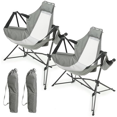 Hammock Camping Chair, Folding Portable Rocking Chair, Aluminum Alloy Adjustable Back Swinging Chair with Pillow Cup Holder, Recliner with Carry Bag for Outdoor Travel Lawn Backyard, Grey  (2pcs)