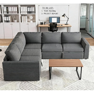 5-Seat Modular Sectional Sleeper Sofa with Pull-Out Bed, Storage & Corduroy Upholstery, Convertible L Shape Couch for Living Room